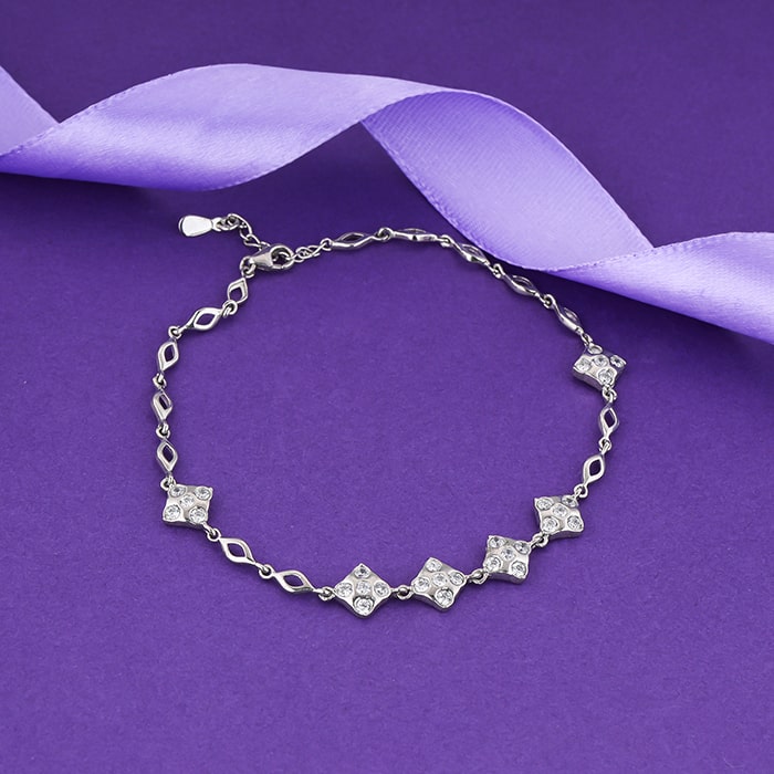 Silver Zircon Studded Square Anklet