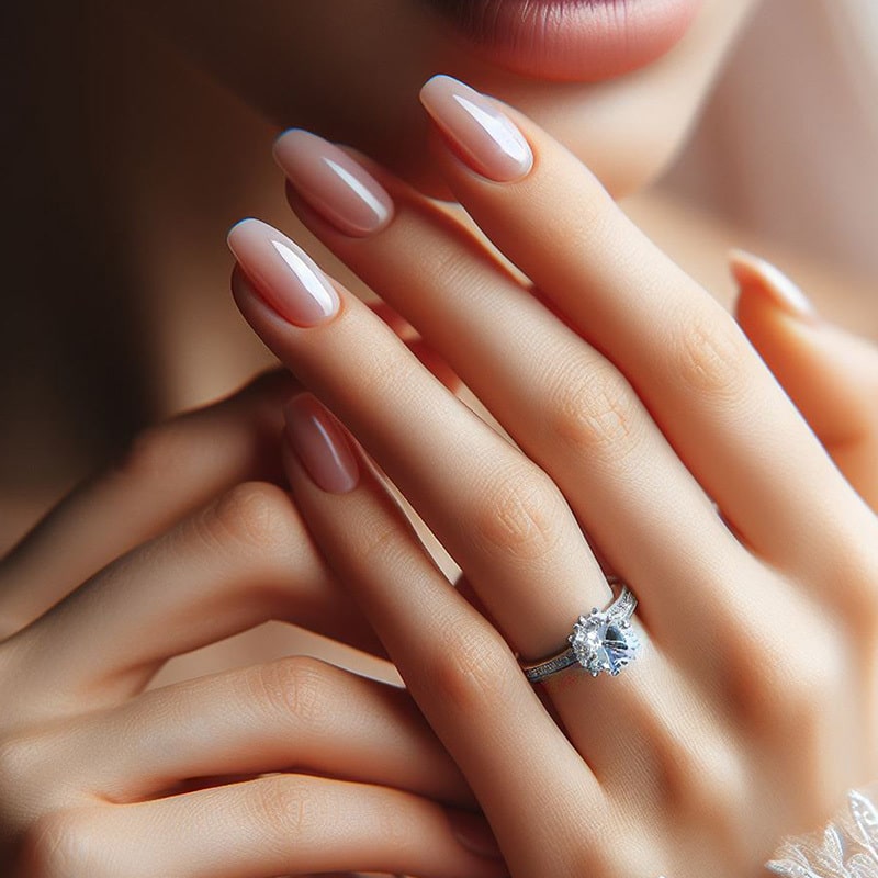 Close-up of a hand wearing a sparkling engagement ring. 