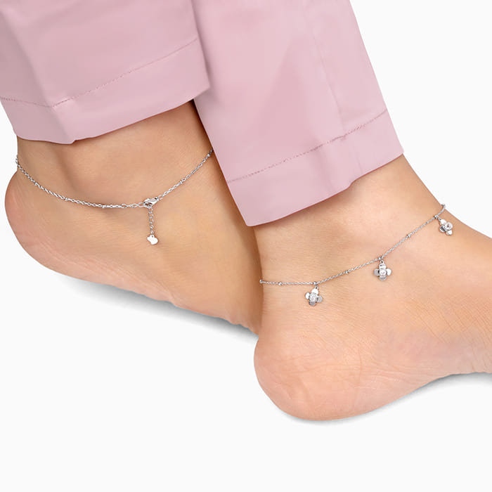 Silver Zircon Clover Charm Anklet