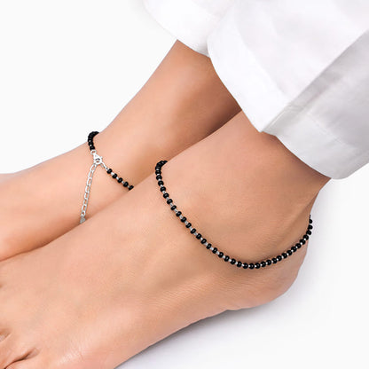 Silver Swaying Shadows Black Beads Anklet