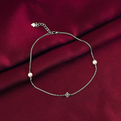 Silver Pearls & Flower Anklet