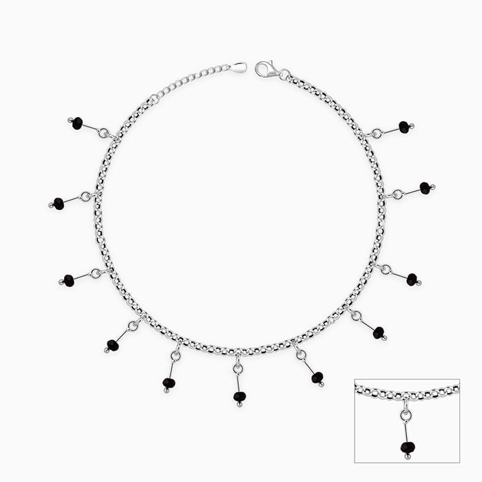 Silver Black Beaded Charm Anklet