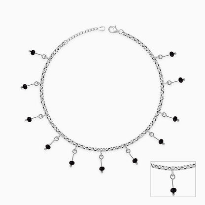 Silver Black Beaded Charm Anklet