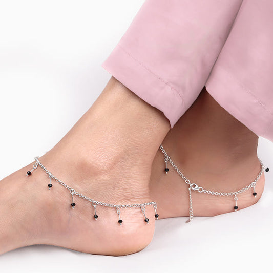 Silver Black Beaded Charm Anklet