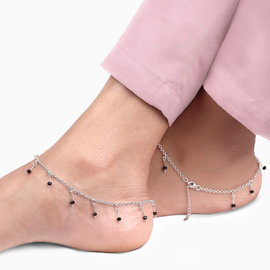 Silver Black Beaded Charm Anklet