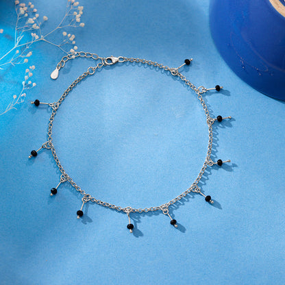 Silver Black Beaded Charm Anklet