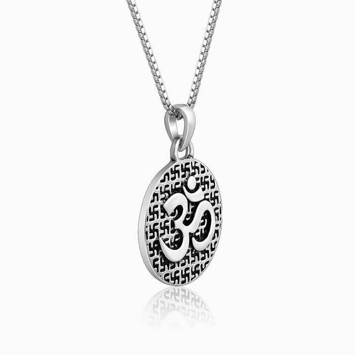 Oxidised Silver Om Pendant with Box Chain For Him