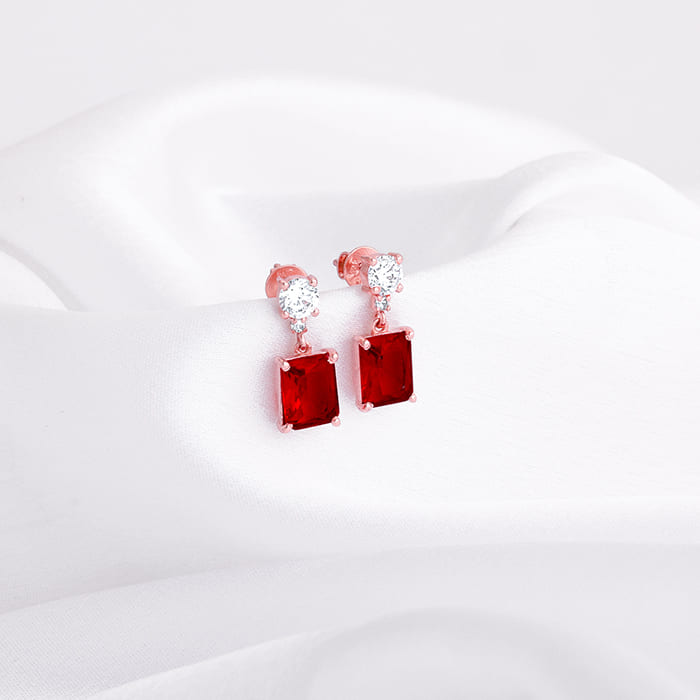 Rose Gold Red Baguette Earrings