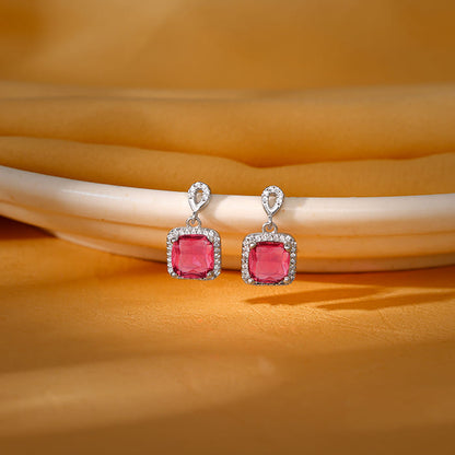 Silver Pink Square Earrings