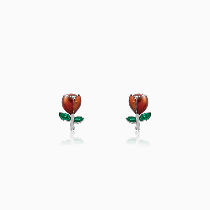 Silver earrings with rose motif and enamel accents