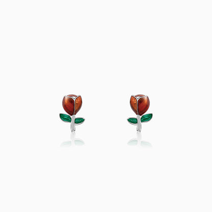 Silver earrings with rose motif and enamel accents