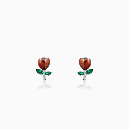 Silver earrings with rose motif and enamel accents