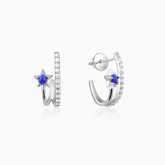 Silver J-hoop earrings with blue opal and star motif