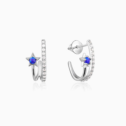 Silver J-hoop earrings with blue opal and star motif