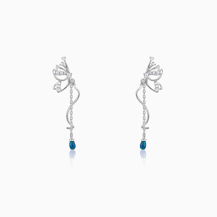 Silver dangler earrings with floral motif, opal, and zircon