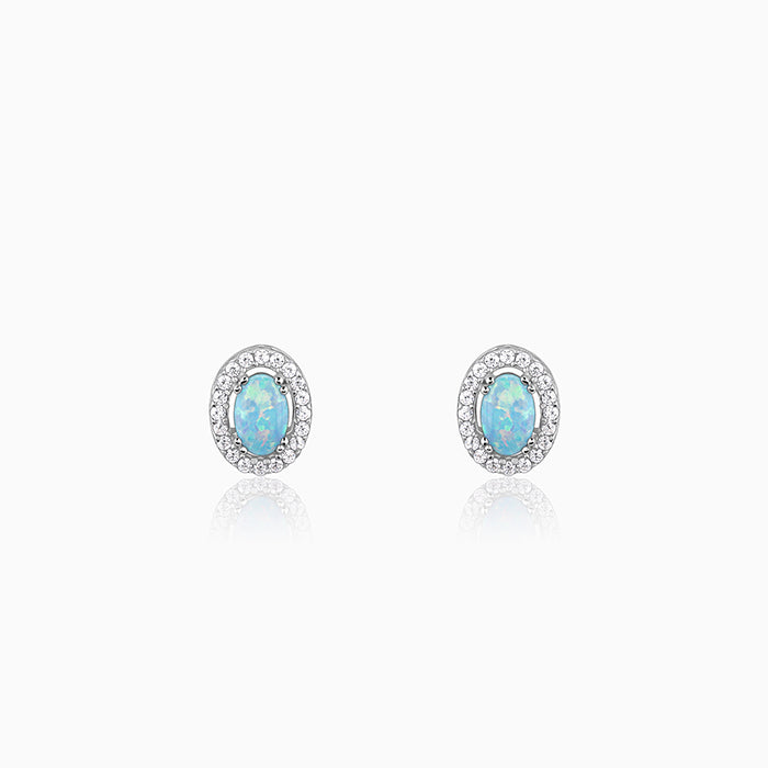 Silver oval earrings with blue opal and zircon stones for women