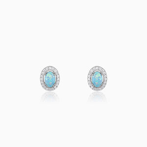 Silver oval earrings with blue opal and zircon stones for women