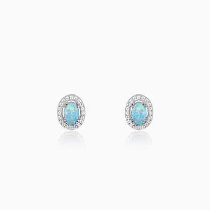 Silver oval earrings with blue opal and zircon stones for women