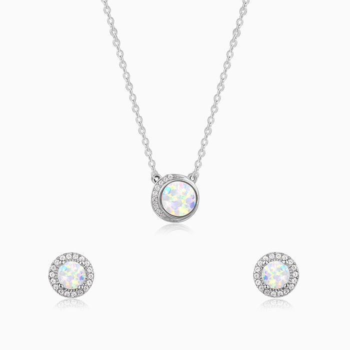 Silver opal necklace and earrings set with zircon accents





