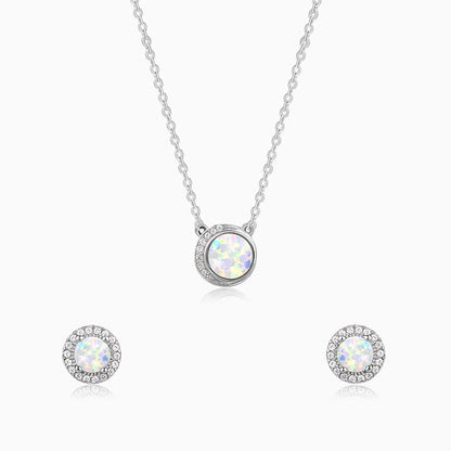 Silver opal necklace and earrings set with zircon accents





