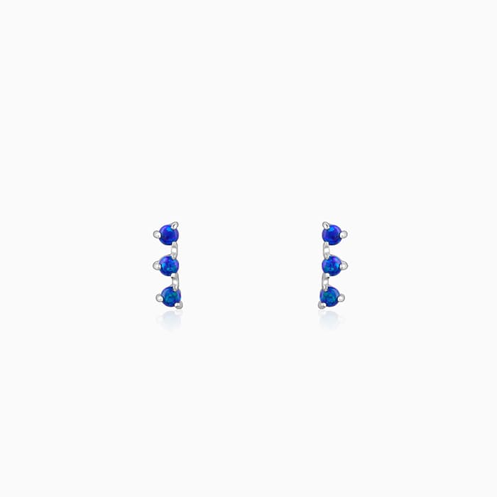 Silver Women's Earrings with Triple Blue Opal Stones in a Row

