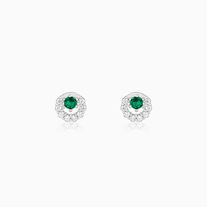 Silver Emerald Green Halo Stud Earrings