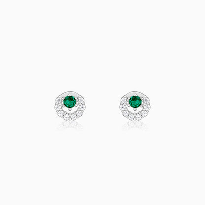 Silver Emerald Green Halo Stud Earrings