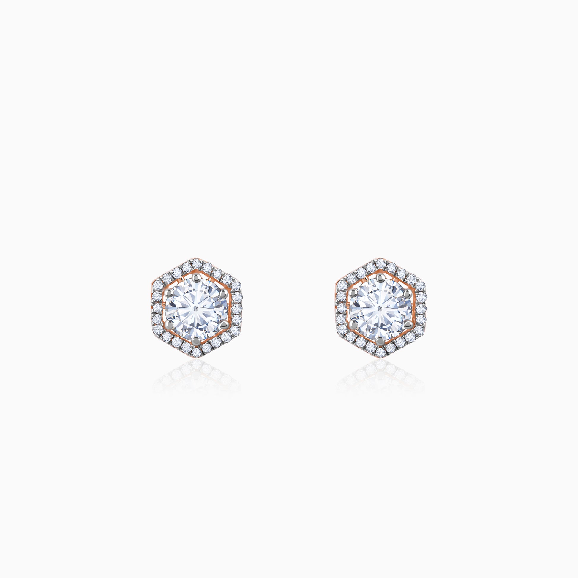 Rose gold hexagon earrings with lab-grown diamonds for a dazzling, elegant look.


