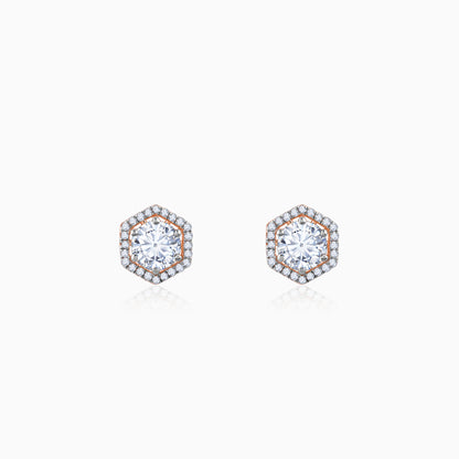 Rose gold hexagon earrings with lab-grown diamonds for a dazzling, elegant look.


