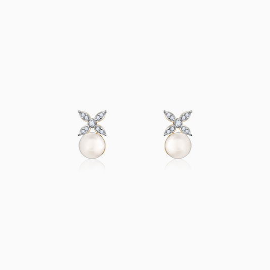 Gold Pearl-fect Floral Diamond & Pearl Earrings