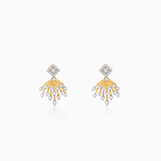 Gold double-drop earrings with sparkling stones.