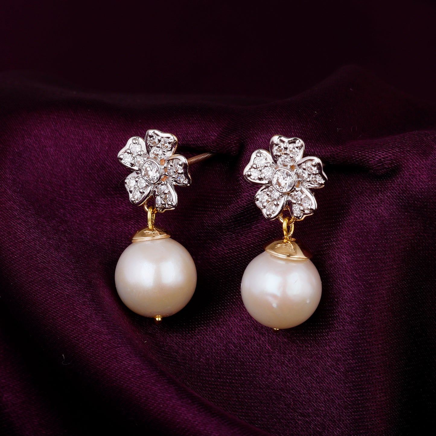 Gold Floral Pearl Diamond Earrings