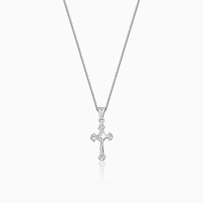 Silver Striped Cross Pendant with Box Chain For Him