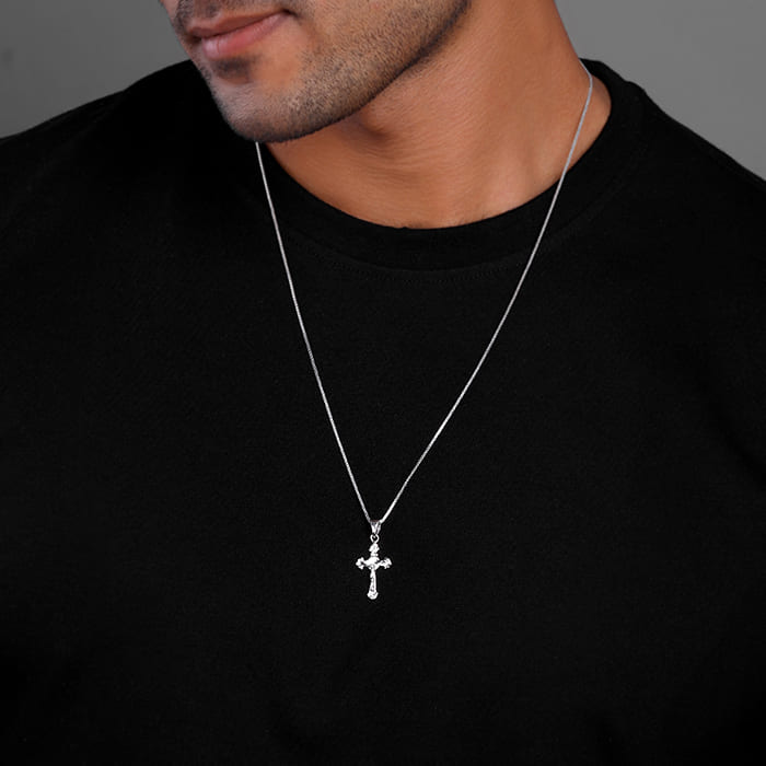 Silver Striped Cross Pendant with Box Chain For Him