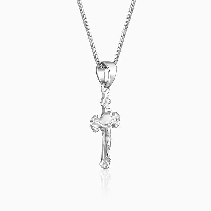 Silver Striped Cross Pendant with Box Chain For Him