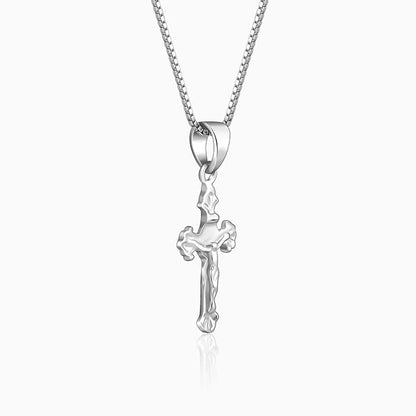 Silver Striped Cross Pendant with Box Chain For Him