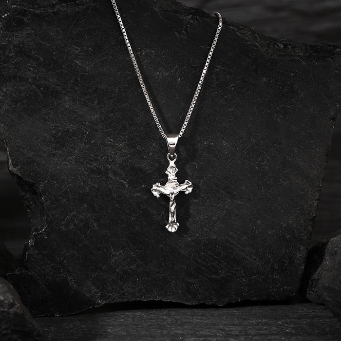 Silver Striped Cross Pendant with Box Chain For Him