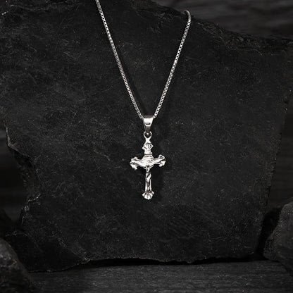 Silver Striped Cross Pendant with Box Chain For Him