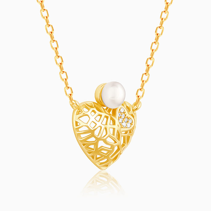 Golden Filigree Pearl Heart Necklace