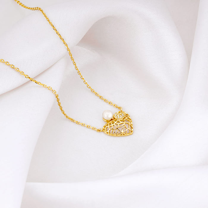 Golden Filigree Pearl Heart Necklace