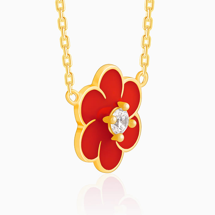 Golden Red Flower Power Pendant with Link  Chain