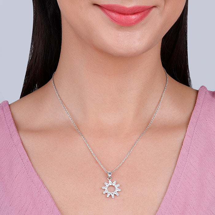 Silver Zircon Sunshine Pendant With Link Chain