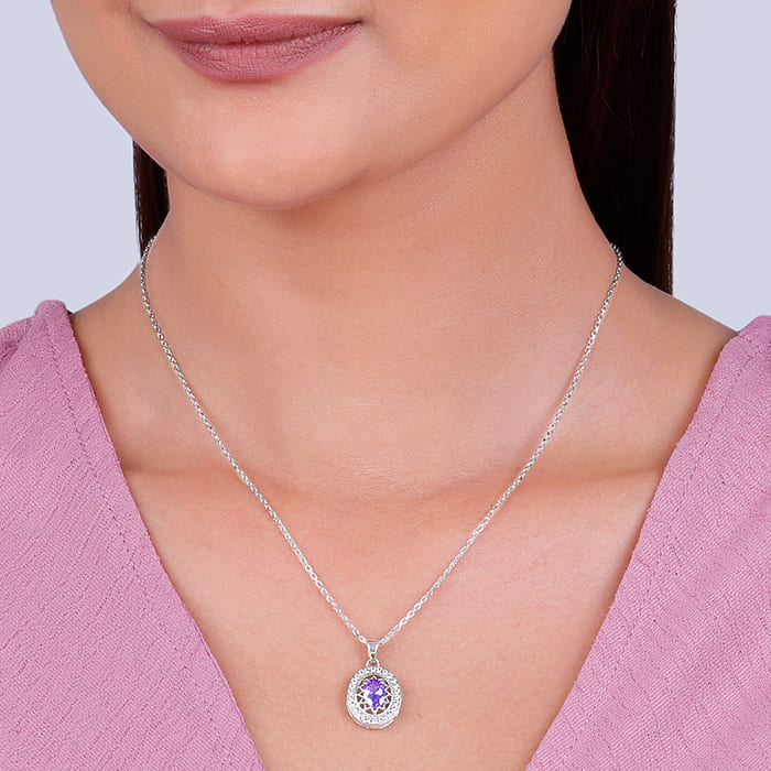 Silver Purple Heart Pendant with Link Chain