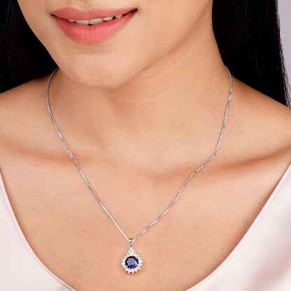 Silver Sapphire Floral Pendant With Box Chain