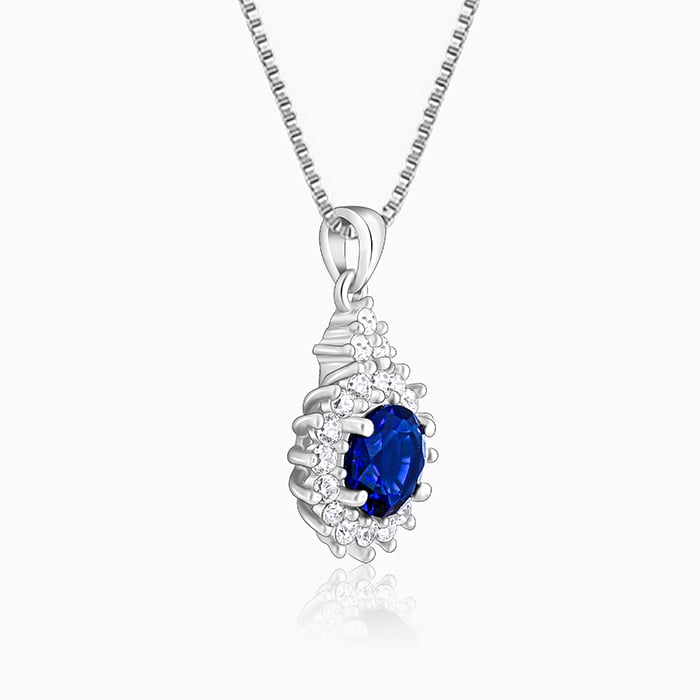 Silver Sapphire Floral Pendant With Box Chain