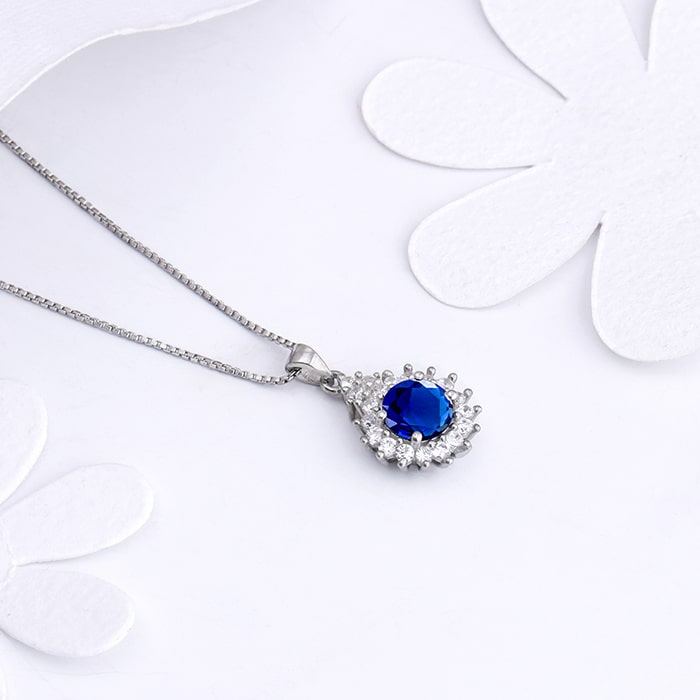 Silver Sapphire Floral Pendant With Box Chain