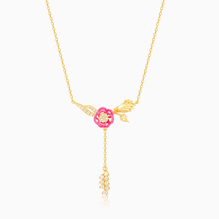 Golden Pink Brahma Kamal Lariat Necklace