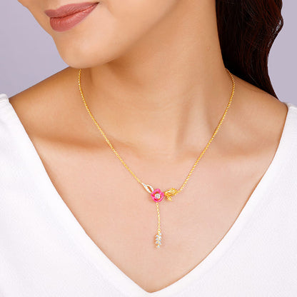 Golden Pink Brahma Kamal Lariat Necklace