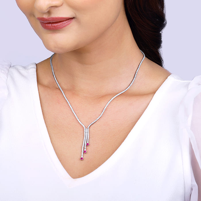 Silver Pink Lariat Necklace