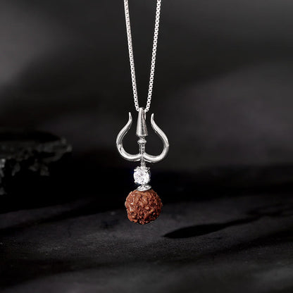 Silver Trishul And Rudraksha Pendant With Box Chain for Him